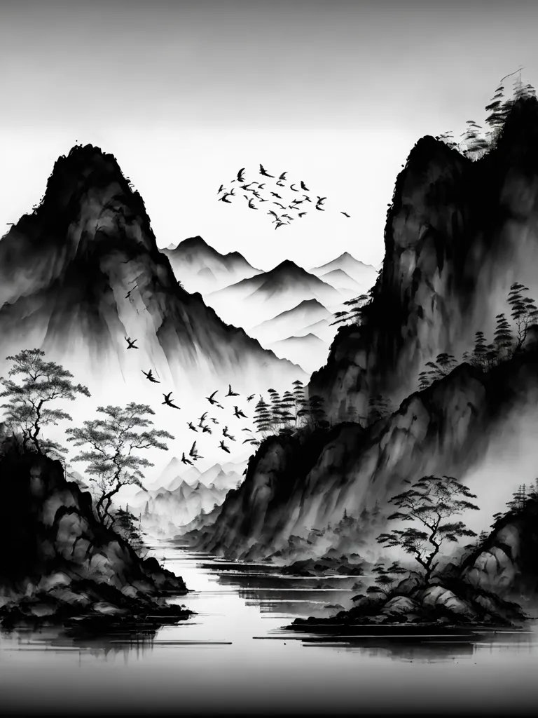 The image is a black and white painting of a mountain landscape. The mountains are tall and steep, and the river is wide and calm. There are many trees on the banks of the river, and they are all reflected in the water. The sky is clear, and there are many birds flying in the sky. The painting is done in a realistic style, and the artist has used a variety of brushstrokes to create the different textures of the mountains, the trees, and the water. The painting is very detailed, and the artist has captured the beauty of the mountain landscape.