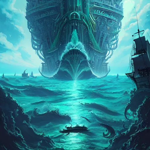 The image is a digital painting of a giant sea monster rising out of the ocean. The monster is green and has a long, serpentine body. Its head is large and has a gaping mouth filled with sharp teeth. The monster is surrounded by waves and there are several ships in the foreground. The ships are being attacked by the monster and one ship is being pulled into the monster's mouth. The image is dark and stormy and the water is a deep blue color. The monster is a symbol of fear and danger and the ships represent the human struggle against nature.