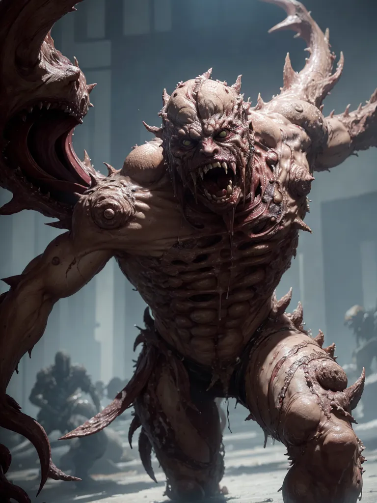 The image is a depiction of a monster. It is a large, muscular creature with pale skin and a deformed body. The monster's head is elongated and has a large mouth with sharp teeth. Its eyes are small and red, and its nose is flat. The monster's body is covered in spikes and protrusions, and it has a long, barbed tail. The monster is standing in a dark, industrial setting, and it is surrounded by dead bodies.