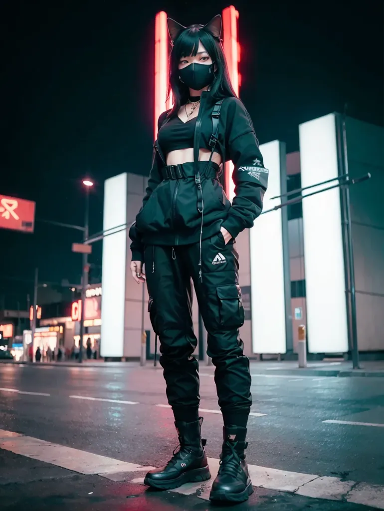 The image shows a young woman dressed in a black outfit with cat ears. She is wearing a black mask, a black jacket, and black pants. She is also wearing a black harness and a black belt. Her hair is long and black, and she has black cat ears. She is standing in a dark street with a city in the background.