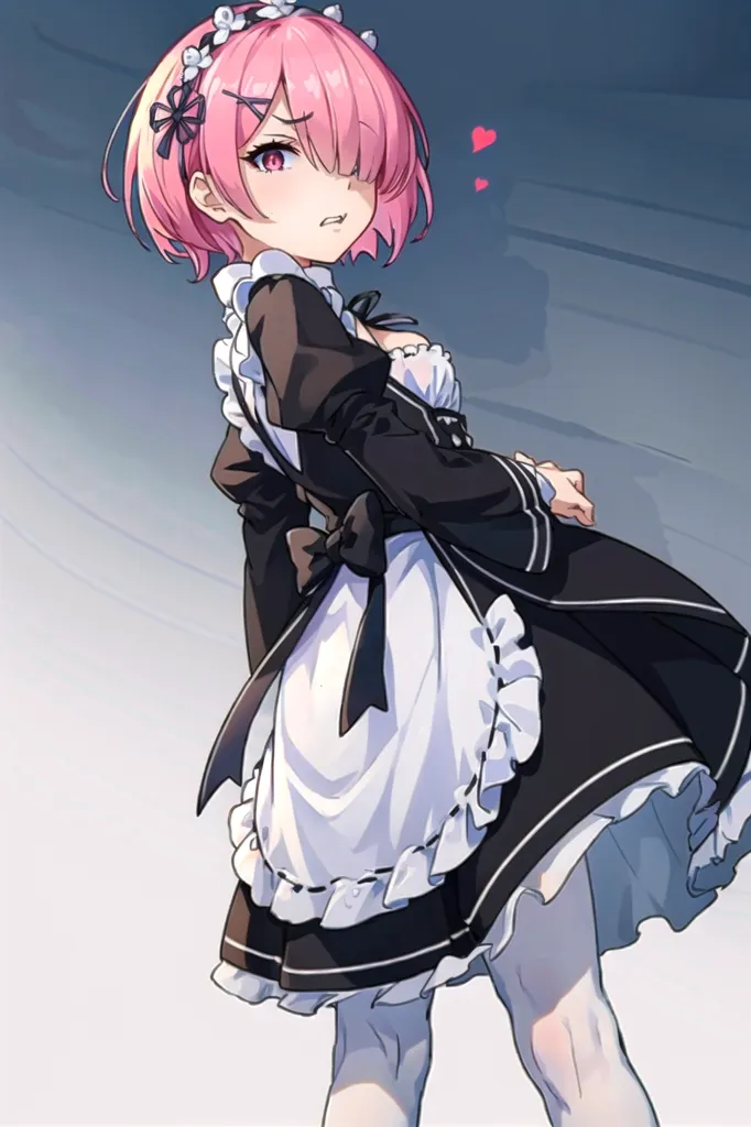 The image is of a young woman with pink hair and pink eyes. She is wearing a black and white maid outfit with a white apron. There is a small blush on her face and she is looking over her shoulder with an embarrassed expression.