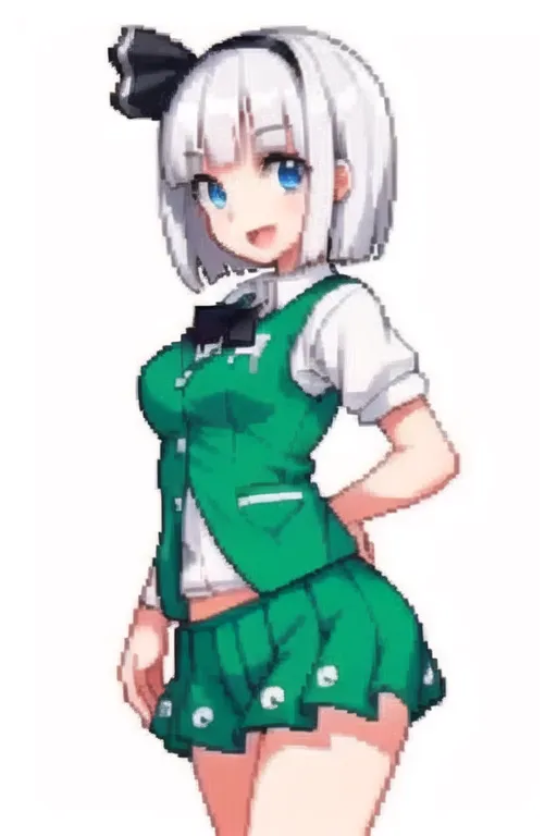 The image is a pixelated picture of a young woman. She has white hair, blue eyes, and a slight blush on her cheeks. She is wearing a white shirt, a green vest, and a green skirt. She has a black bow in her hair and is smiling at the viewer. She is standing with her right hand on her hip and her left hand hanging at her side.