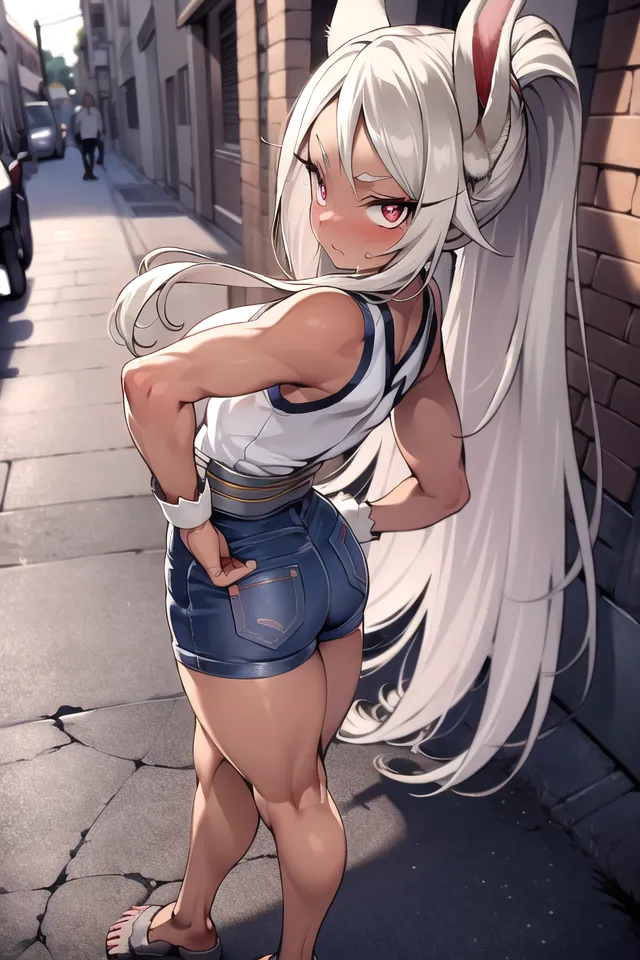 The image is of a muscular anime girl with long white hair and rabbit ears. She is wearing a white shirt, denim shorts, and brown sandals. She is standing in an alleyway, with her back to the viewer. She has her hands on her hips and is looking over her shoulder at the viewer with a smug expression on her face.