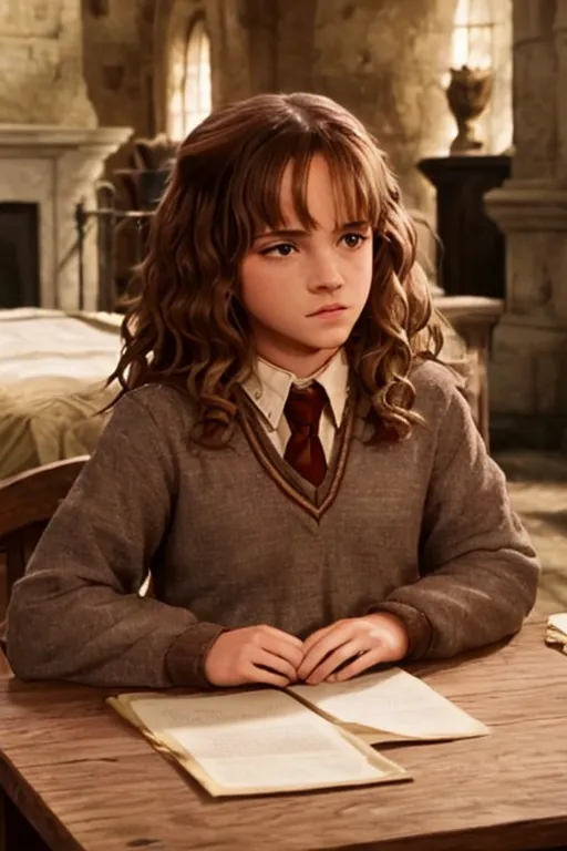 Esta é uma foto de Hermione Granger, uma personagem da série Harry Potter. Ela está sentada em uma mesa, olhando para a câmera com uma expressão séria. Ela está usando o uniforme de Hogwarts, que consiste em um colete de suéter marrom, uma camisa branca e uma gravata vermelha e amarela. Seu cabelo é longo e castanho, e ela tem uma leve cobertura de sardas em seu rosto.