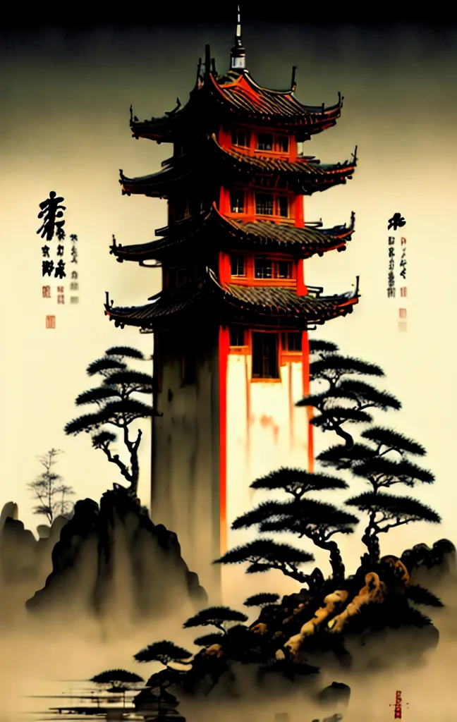 The image is a Chinese painting of a pavilion. The pavilion is red and white, with a black roof. It is surrounded by trees and mountains. The painting is done in a realistic style, with fine detail. The colors are vibrant and the composition is well-balanced. The painting is a good example of Chinese art.