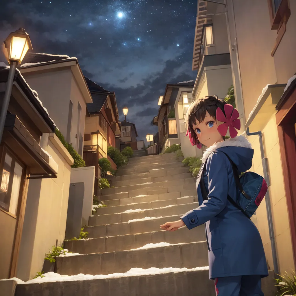 The image is a night scene of a street in a Japanese town. The street is lit by a few street lamps and the houses are mostly dark. There is a girl with pink headphones and a blue coat standing in the middle of the street. She is looking at the camera with a slight smile on her face.