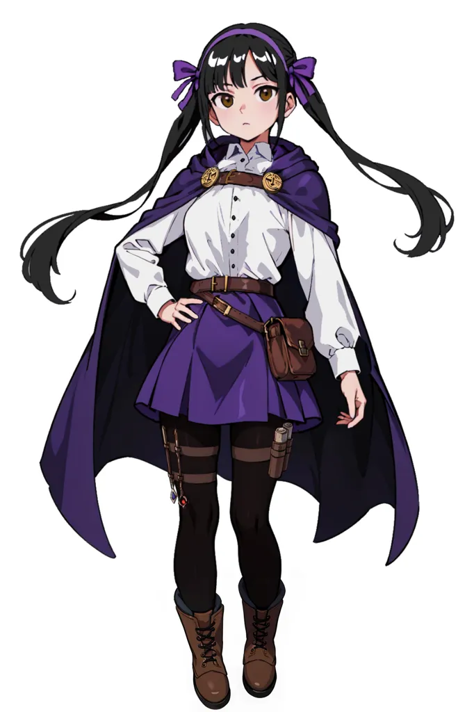 This is an illustration of a young girl with long black hair and purple eyes. She is wearing a white shirt, a purple skirt, and a brown cape. She also has a brown belt with a pouch on it and is wearing brown boots. She has a serious expression on her face and is looking at the viewer. The background is white.