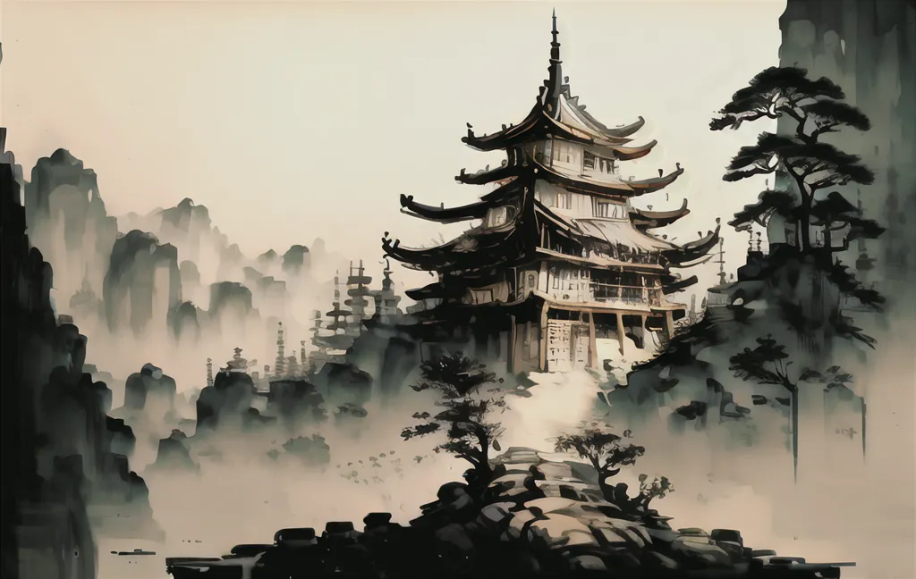 L'image est une peinture à l'encre chinoise d'un temple sur une montagne. Le temple est entouré d'arbres et de montagnes. La peinture est réalisée dans un style réaliste, et l'artiste a utilisé une variété de coups de pinceau pour créer les différentes textures du temple, des arbres et des montagnes. La peinture est également très atmosphérique, et l'artiste a utilisé une variété de techniques pour créer un sens de la profondeur et de la distance.