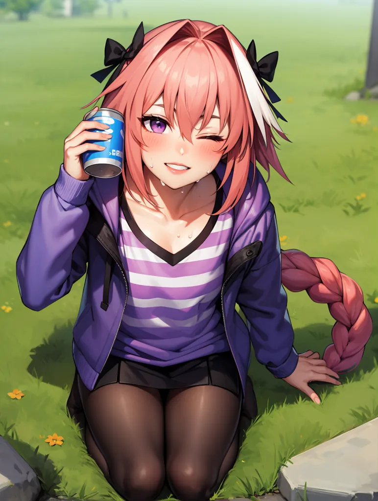 The image is of a young woman with pink hair and purple eyes. She is wearing a purple hoodie, a white and purple striped shirt, and a black skirt. She is also wearing black stockings and brown shoes. She is sitting on the grass and has a can in her hand. She is smiling and has a wink in her right eye. There are some yellow flowers and green grass around her.