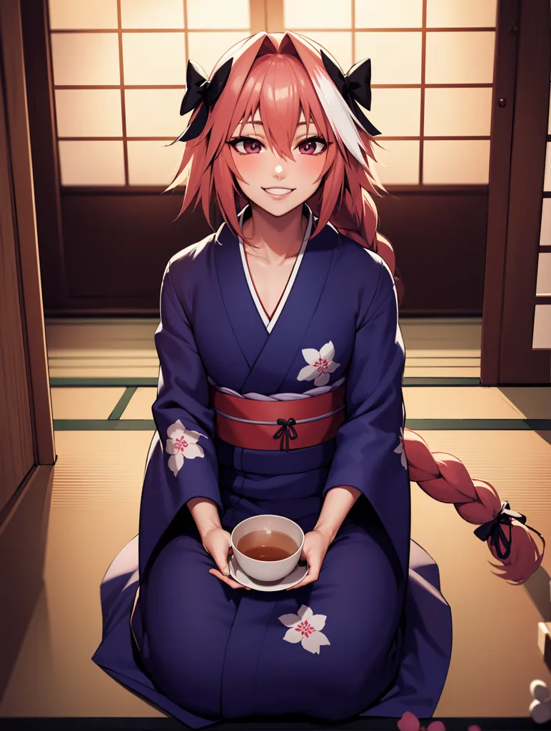 The image depicts a young woman with pink hair and red eyes wearing a blue kimono with white floral patterns. She is sitting on the floor in a traditional Japanese seiza position and has a teacup in her hands. The background is a traditional Japanese room with shōji and tatami mats.