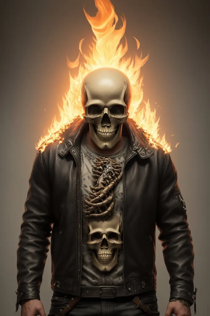 The image is a photo of a man dressed in a black leather jacket. He is wearing a white t-shirt with a black design on it. The man's face is a skull with flames coming out of the top of his head. His jacket is open, showing a white shirt with a black design underneath. He is wearing a belt with a large buckle. The man's hands are visible, and he is wearing a watch on his left wrist. The background is a dark grey.