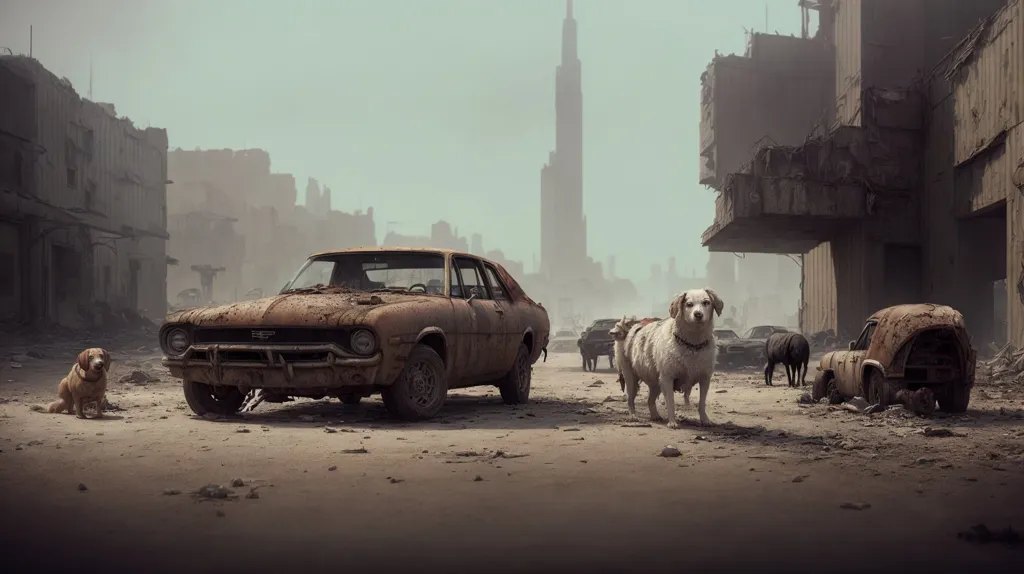 The image shows a post-apocalyptic city. The buildings are all in ruins and there are no people to be seen. There are three dogs in the foreground. A brown dog is sitting on the ground, a white dog is walking towards the camera, and a black dog is standing in the background. There is a rusty car in the middle of the street. The sky is hazy and there are no visible signs of life.