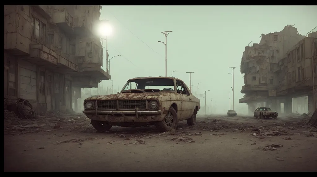 L'image montre une ville post-apocalyptique. Les bâtiments sont tous en ruines, et les rues sont jonchées de débris. Il y a une vieille voiture rouillée abandonnée au milieu de la rue. Le ciel est brumeux et il y a un sentiment de désespoir et de désolation.