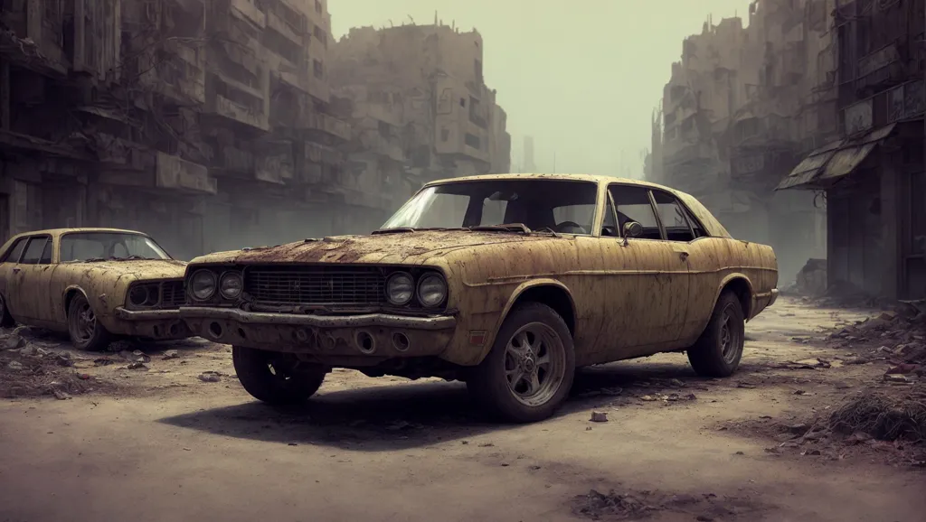 The image shows an abandoned city street with two old rusty cars. The cars are parked on either side of the street, facing each other. The street is littered with debris and the buildings are damaged. The sky is hazy and there is a sense of desolation and abandonment in the scene.