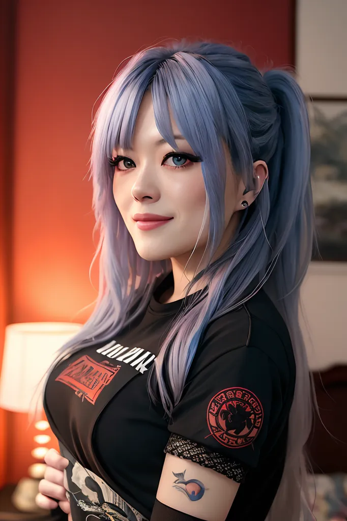 A imagem mostra uma jovem mulher com cabelo azul e olhos azuis. Ela está usando uma camiseta preta com um design vermelho e branco na frente. Ela também está usando um colar de prata e uma pulseira de prata no pulso direito. O fundo está desfocado, mas parece haver uma lâmpada no lado esquerdo da imagem. A mulher está sorrindo e olhando para a câmera.