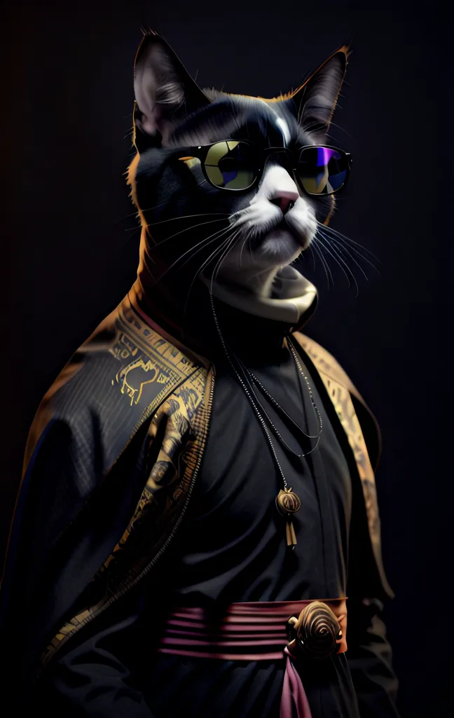 The image shows a cat wearing sunglasses, a gold necklace, and a black and gold robe with a red sash. The cat is sitting in front of a black background and is looking to the right of the frame. The cat has white fur on its chest and paws, and black fur on its back and head. The cat's eyes are yellow and its nose is pink. The sunglasses are black with purple lenses. The robe has a gold pattern on it. The cat is sitting on a black table.