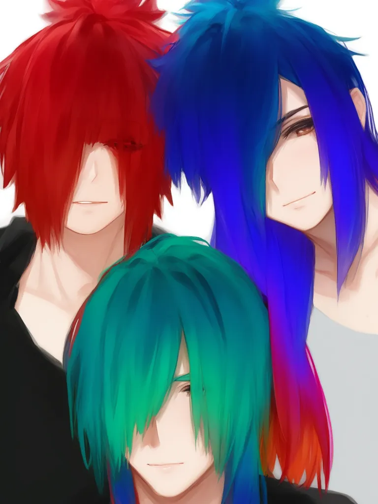 A imagem mostra três homens jovens com cabelos de diferentes cores. O homem da esquerda tem cabelo vermelho, o homem do meio tem cabelo azul e o homem da direita tem cabelo verde. Todos estão sorrindo e com os olhos fechados. Eles estão todos usando camisas brancas. O fundo é branco.