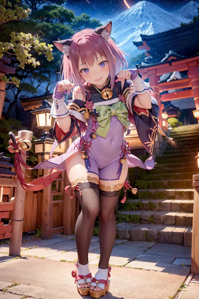 The image is of an anime girl with pink hair and cat ears. She is wearing a purple and white outfit with a green bow. She is also wearing black stockings and brown sandals. She is standing on a stone path in a Japanese setting. There is a mountain in the background and a torii gate to her right. The sky is dark and there are stars and a crescent moon.