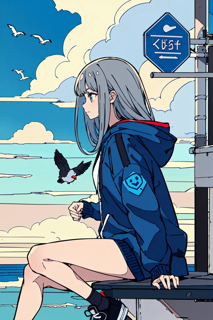 This is an illustration of a girl sitting on a railing by the sea. The girl is wearing a blue and white hoodie, with her right hand resting on her knee and her left hand holding a bird. The sky is blue and cloudy, with a few birds flying in the background. The sea is a blue-green color, with a few waves crashing against the shore. There is a road sign on the right side of the image, with a bird on it.