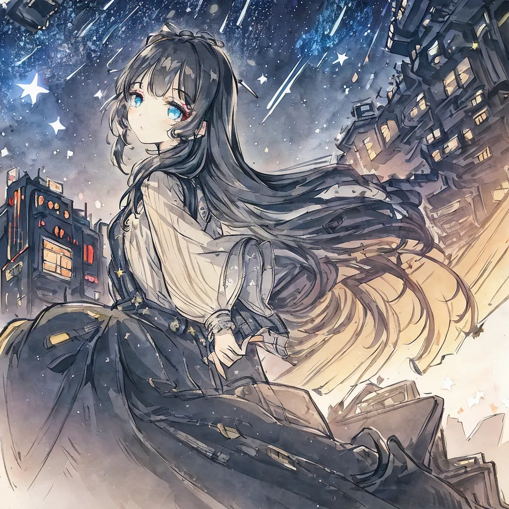 The image is a painting of a young woman standing on a rooftop in a city at night. She is wearing a white blouse and a black skirt, and her long black hair is blowing in the wind. The city is in the background, and the stars are in the sky. The woman is looking up at the stars with a smile on her face.