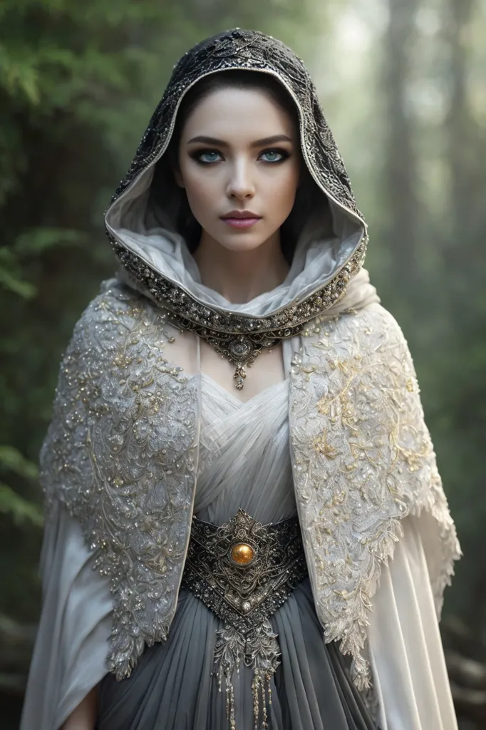 The image shows a beautiful young woman, with an ethereal expression on her face, wearing a silver and white gown with a white fur-trimmed cape. The gown is embroidered with intricate silver and gold threadwork, and she wears a matching silver and gold necklace and belt. The woman's hair is long and dark, and her eyes are a deep blue. She is standing in a darkened forest, with the trees towering over her.