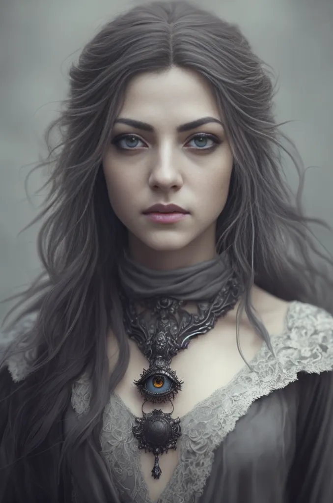 Cette image montre une jeune femme aux longs cheveux gris ondulants. Elle porte une robe grise avec un cache-cœur blanc. Elle a un collier en argent autour du cou avec une pierre bleue au centre. Ses yeux sont d'un bleu clair et sa peau est pâle. Elle regarde le spectateur avec une expression sérieuse.