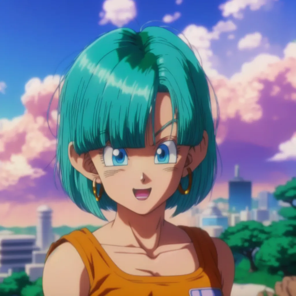 The picture shows a young woman with green hair and blue eyes. She is wearing an orange tank top and has a confident smile on her face. The background is a cityscape with a blue sky and white clouds. The woman is standing in front of a building with her hands on her hips. She is wearing a pair of gold earrings and has a small green purse.