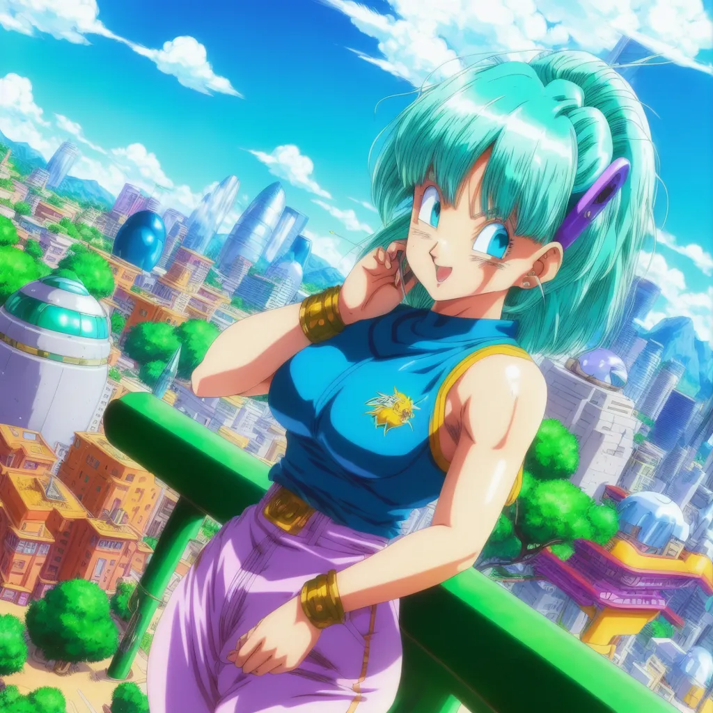 The image shows a young woman with green hair and blue eyes. She is wearing a blue tank top and purple pants. She is standing on a railing in a city. There are buildings and trees in the background. The sky is blue and there are clouds in the sky. The woman is smiling and has her hand on her hip. She is wearing a yellow scouter on her right ear.