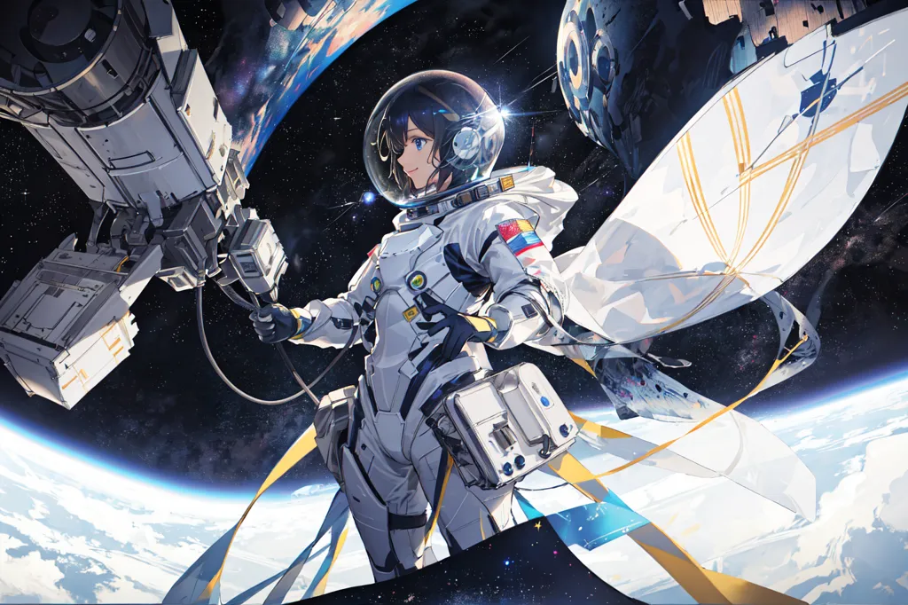 This is an image of an anime girl in a spacesuit. She is standing in front of a large spaceship. There are stars and planets in the background. The girl has brown hair and blue eyes. She is wearing a white spacesuit with a red and blue stripe on the arm. She is also wearing a helmet. The spaceship is white and gray. It has a large engine on the back. There are also some smaller spaceships flying around. The image is very detailed and realistic.