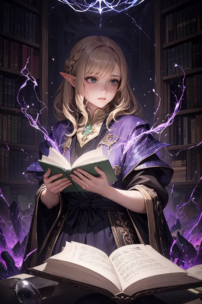 The image is of a beautiful young woman with long blonde hair and elven ears. She is wearing a purple robe with gold trim and a green necklace. She is standing in a library, surrounded by bookshelves. She is holding a book in her hands and there is another open book in front of her. There is a quill pen on the open book. She is looking at the open book with a thoughtful expression on her face. There is a magical purple glow around her.