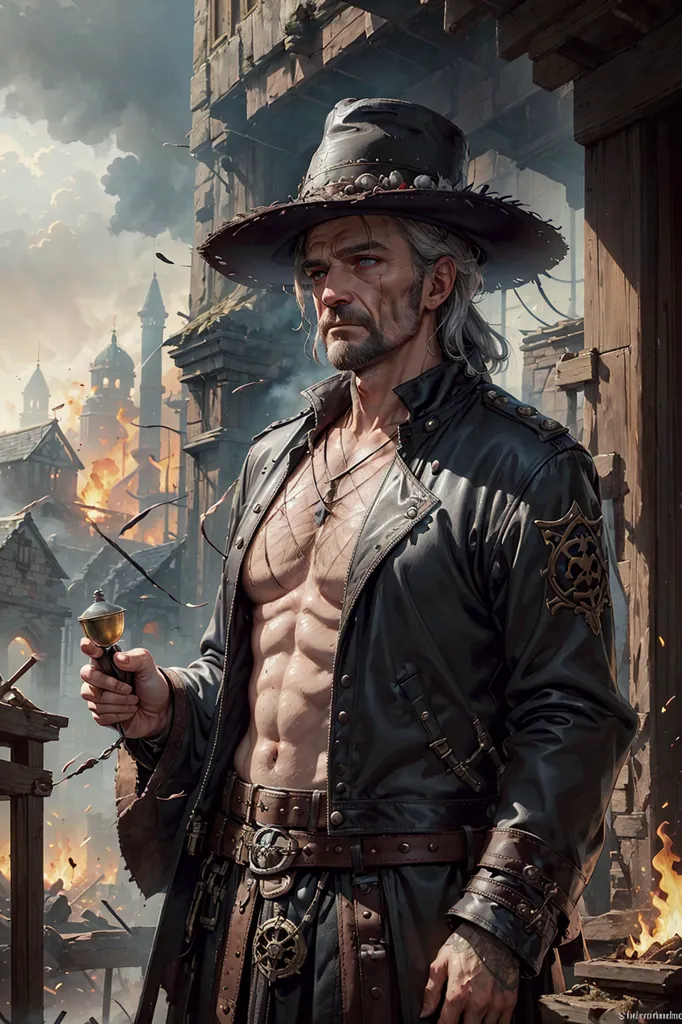 The image is of a man standing in front of a burning city. He is wearing a black leather jacket and a black hat. He has long white hair and a beard. He is holding a golden goblet in his left hand. The city is on fire and there are ruins of buildings all around. The sky is dark and there are clouds of smoke in the air.