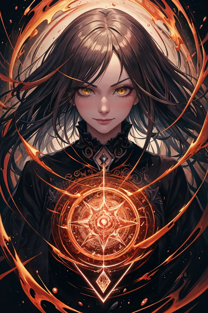 This is an image of a young woman with long, dark hair and yellow eyes. She is wearing a black dress with a white collar. There is a glowing, orange magic symbol in front of her. The background is dark with orange, fiery lines surrounding her.