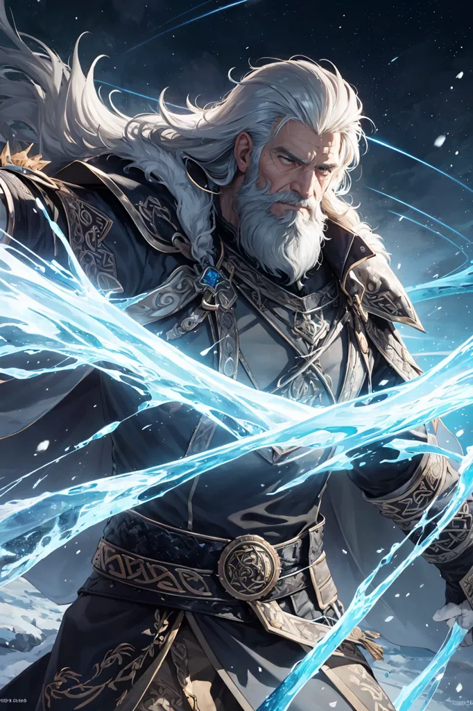 The image is of a man with long white hair and a beard. He is wearing a blue and gray robe with gold trim. He is also wearing a gold necklace and a gold belt with a large buckle. He is standing in a snowy landscape and is surrounded by blue energy. He is holding a staff in his right hand and is pointing it forward. A bolt of blue energy is being fired from the staff. The man has a determined look on his face and appears to be ready for battle.