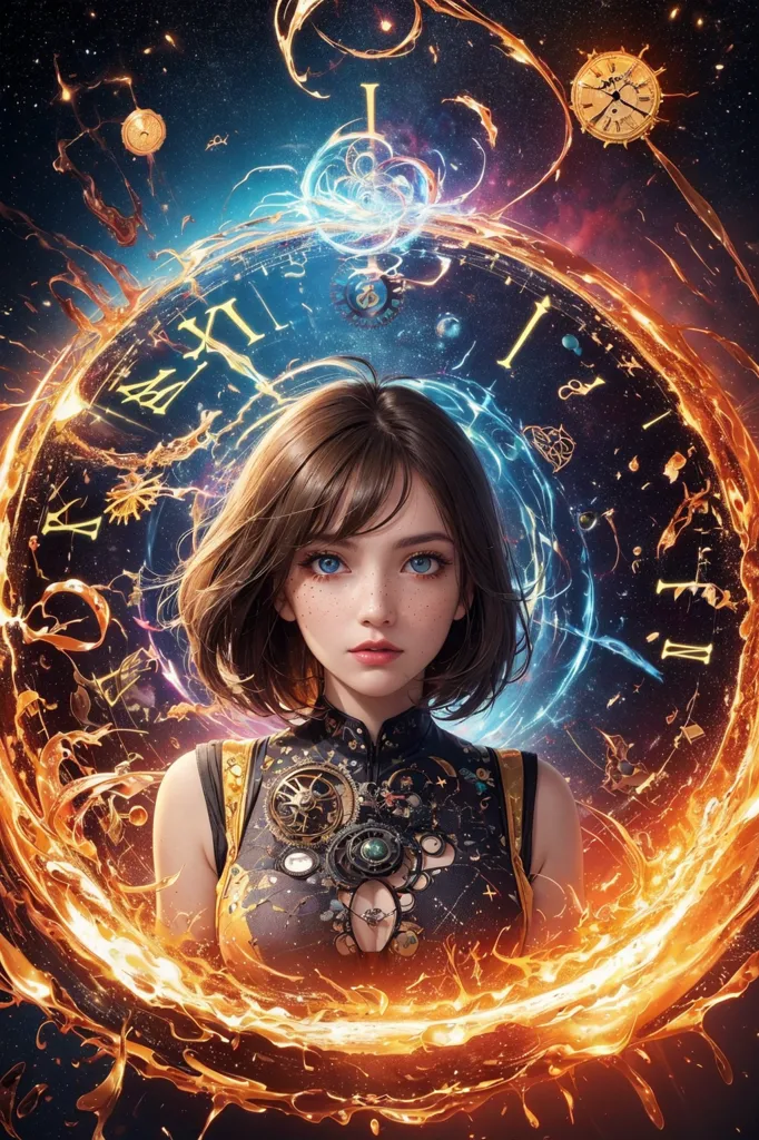 Cette image montre une jeune femme aux cheveux bruns courts et aux yeux bleus. Elle porte une robe de style cheongsam noire et dorée avec une touche de style steampunk. Il y a une grande horloge derrière sa tête et des flammes l'entourent. L'arrière-plan est un vide bleu foncé avec des étoiles et d'autres corps célestes.