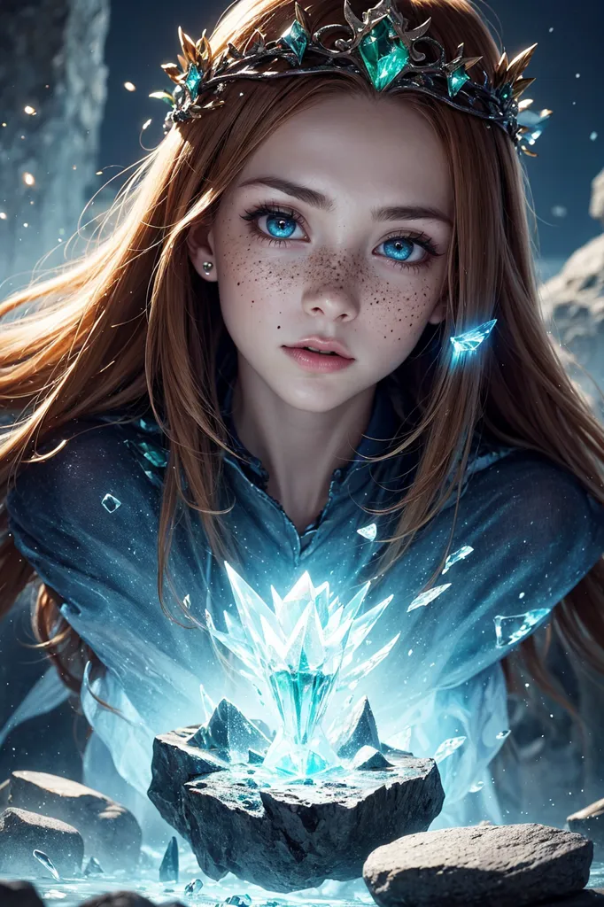 La imagen es un retrato de una hermosa mujer joven con cabello castaño largo y ondulado y ojos azules. Lleva una corona de plata y un vestido azul con un camisón blanco. Sostiene un cristal azul brillante en sus manos. El fondo es de un azul oscuro con un toque de azul claro. La expresión de la mujer es de asombro y admiración.