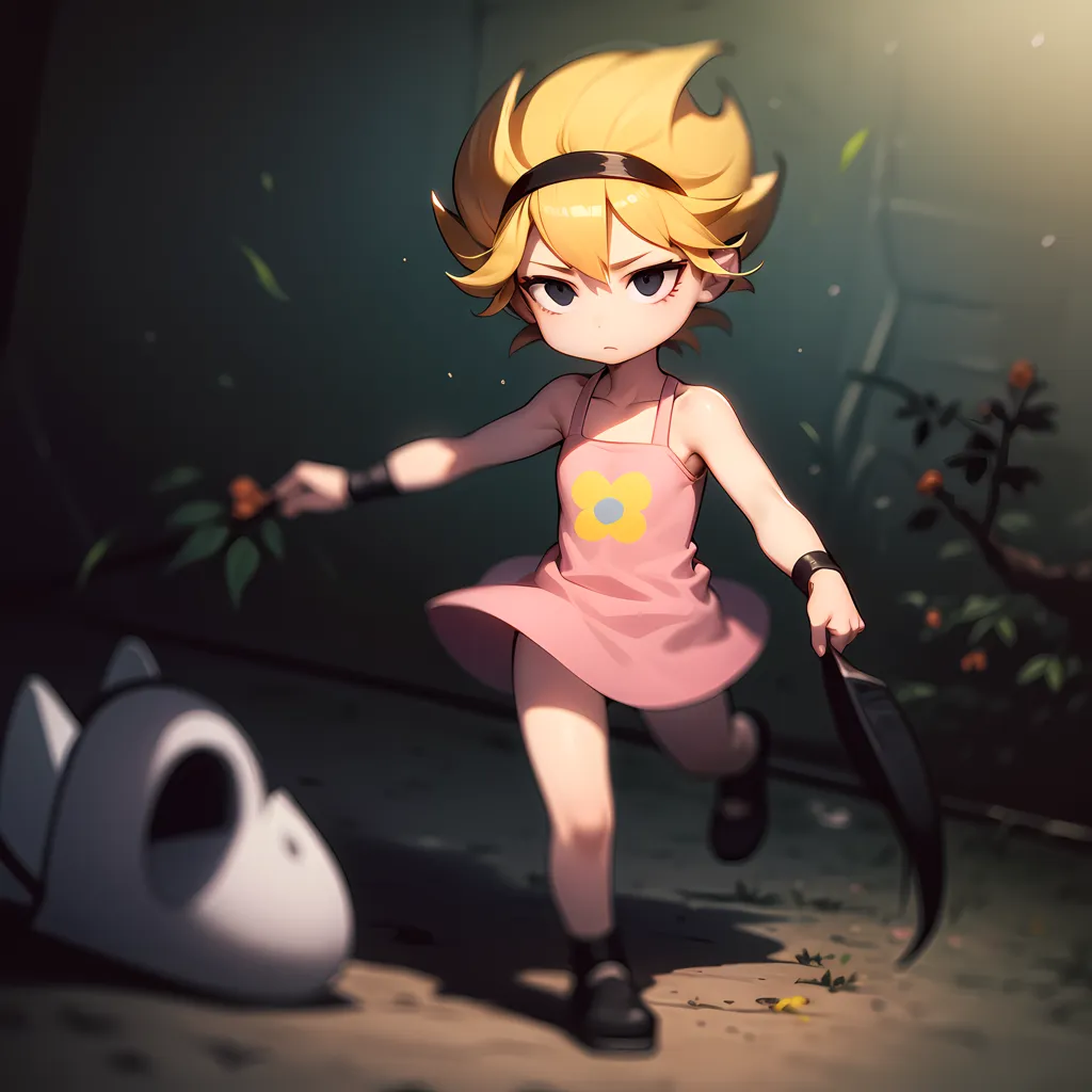 This image shows a young girl with yellow hair wearing a pink dress and black boots. She is holding a knife in her right hand and running towards a small white creature with a skull-like head. The girl has a determined expression on her face, and the creature looks scared. The background is dark and shadowy.