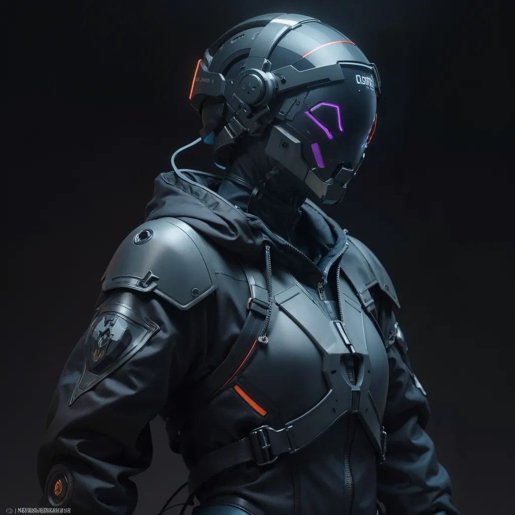 The image shows a person wearing a futuristic combat suit. The suit is black and has orange and purple highlights. The helmet has a visor that is glowing purple. The person is looking to the left of the frame.