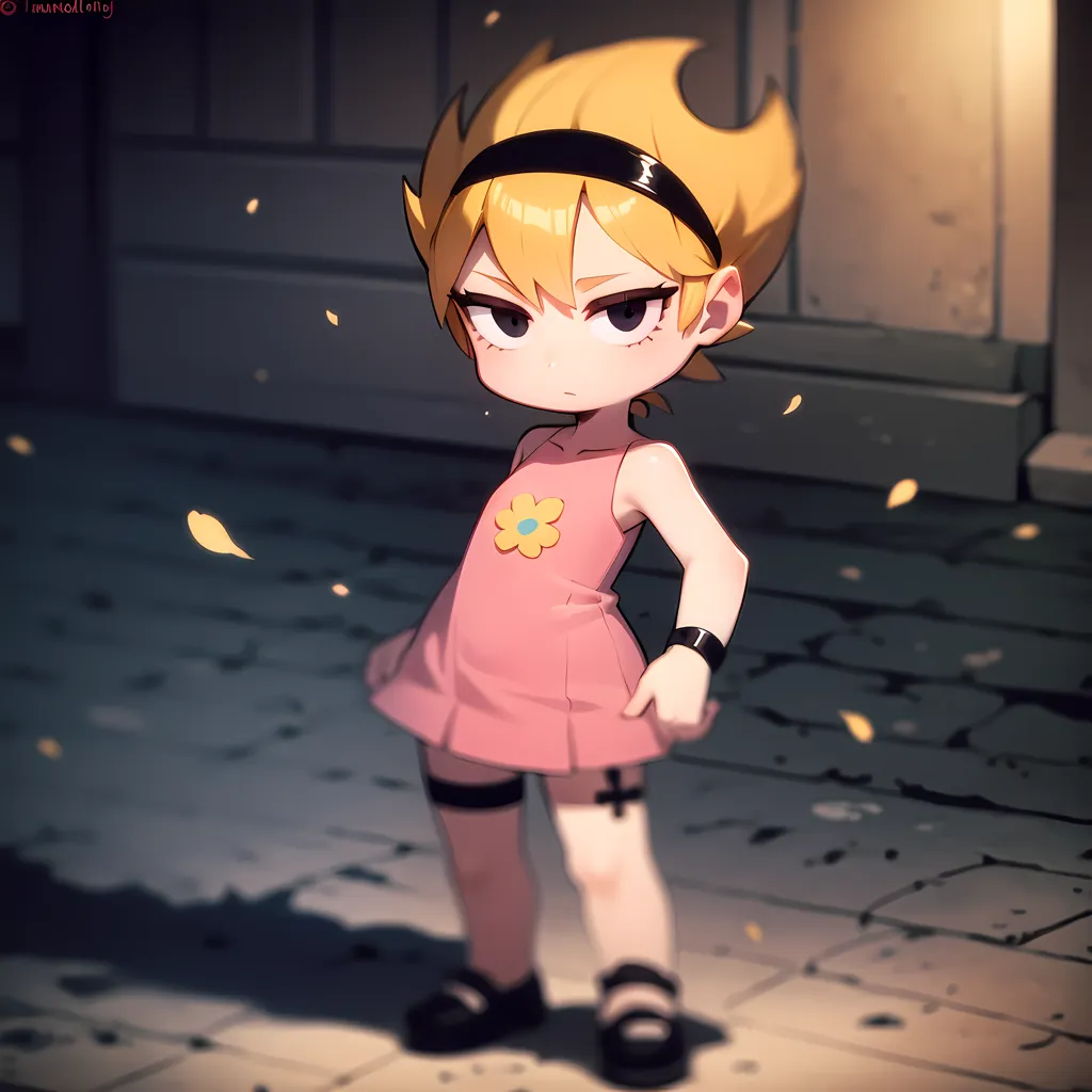 This image is of a young girl with short blonde hair and black eyes. She is wearing a pink dress with a yellow flower on the front and black sandals. She has a black headband on and is standing in a dark room with a brick wall behind her. The light in the room is coming from the right side of the image and is casting shadows over the girl's face and body.