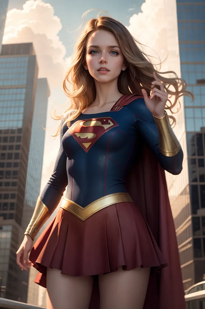 The image shows a young woman standing on a rooftop in a city. She is wearing a blue and red superhero costume with a yellow cape. The woman has long blond hair and blue eyes. She is looking at the camera with a serious expression. There are several tall buildings in the background.