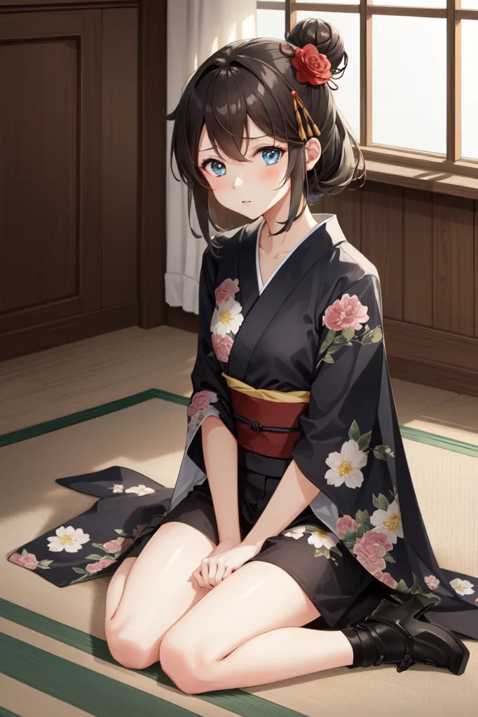 The image depicts a young woman, kneeling on the floor. She is wearing a black kimono with pink and white floral designs. The kimono is tied with a red obi sash. Her hair is dark brown and worn in a bun with a red and gold hairpiece. She has blue eyes and is looking at the viewer with a shy expression. The background is a traditional Japanese room with wooden walls and a tatami mat floor.