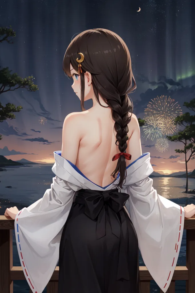 The image is of a young woman standing on a balcony, looking out at the night sky. She is wearing a traditional Japanese kimono, and her long, dark hair is braided and tied with a red ribbon. The night sky is dark and clear, and there are fireworks exploding in the distance. The woman is standing with her back to the viewer, and her face is not visible. However, her posture suggests that she is enjoying the view of the fireworks.