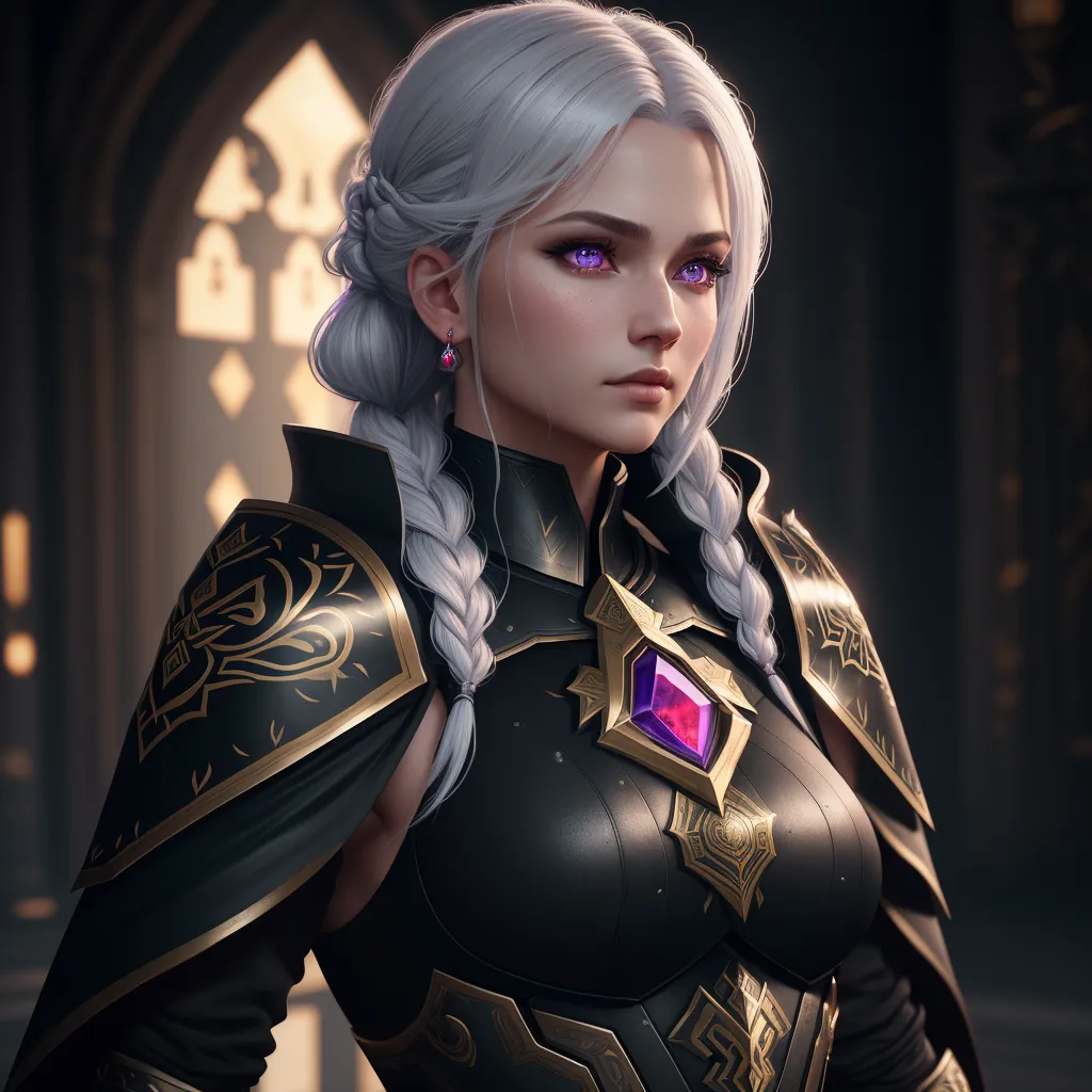 This is an image of a woman who appears to be a warrior or some other type of fighter. She is wearing a dark-colored outfit with gold trim and various pieces of armor. The outfit has intricate designs on it. She has a large purple gem on her chest and is wearing matching purple earrings. She has white hair that is braided and purple eyes. She is standing in what appears to be a dark room or hallway, with a large door behind her.