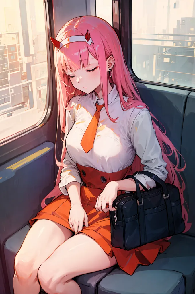 The image depicts a young woman with pink hair and red horns sitting in a train. She is wearing a white shirt, an orange tie, and an orange skirt. She has a black bag on her lap and is looking out the window with her eyes closed. The train is moving through a city, and the buildings can be seen outside the window.