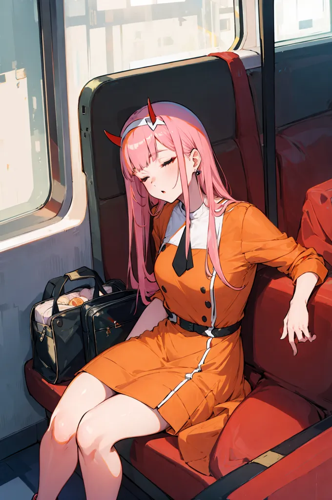 The image shows a girl with pink hair and red horns sleeping on a train. She is wearing an orange dress with a white collar and a black belt. She has a black bag on her lap. The train is moving through a city, and the buildings can be seen outside the window.