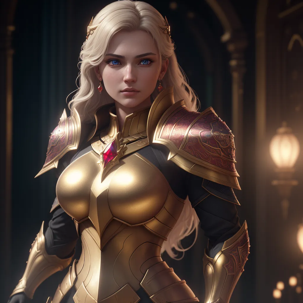 The image shows a beautiful woman with long blonde hair. She is wearing a golden armor with red details and a red cape. She has a serious expression on her face. There are two red gems on her armor. She is standing in a dark room with a light source on the right side of the image.