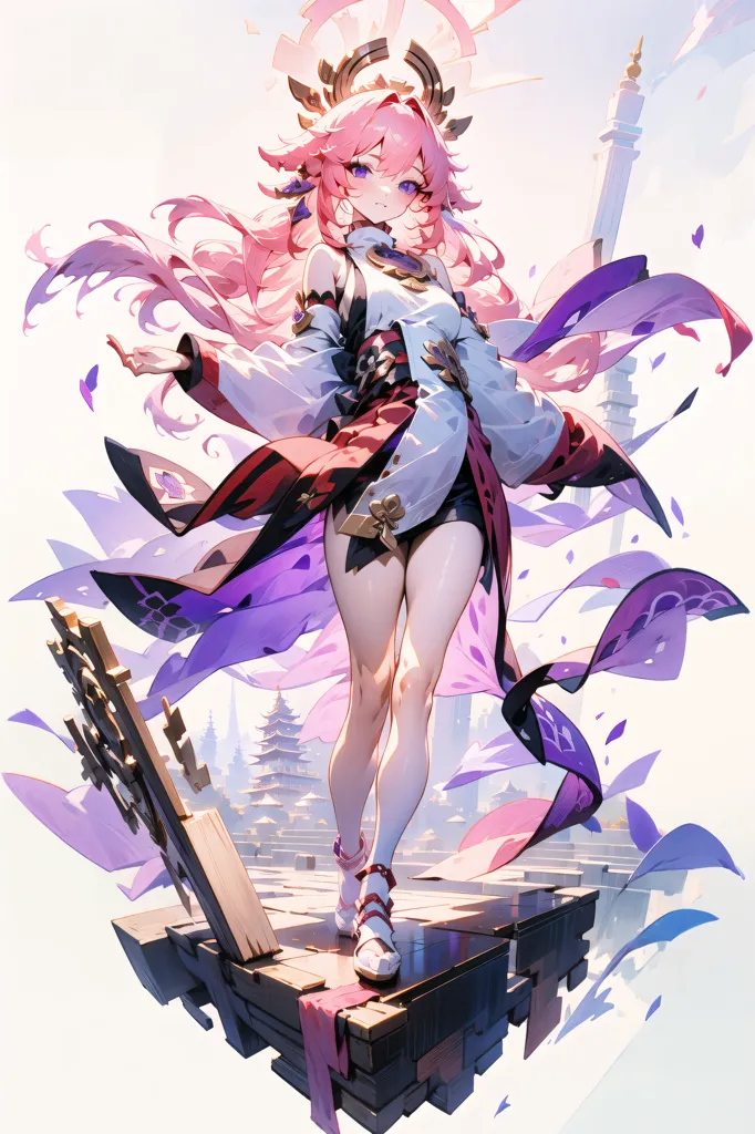 The image is of a young woman with pink hair and purple eyes. She is wearing a white kimono with a red obi and has a purple scarf flowing from her waist. She is standing on a wooden platform and has her right hand raised in the air. There are several floating purple objects surrounding her, and she has a serene expression on her face. The background is a blur of light purple and there are some white and purple buildings in the distance.