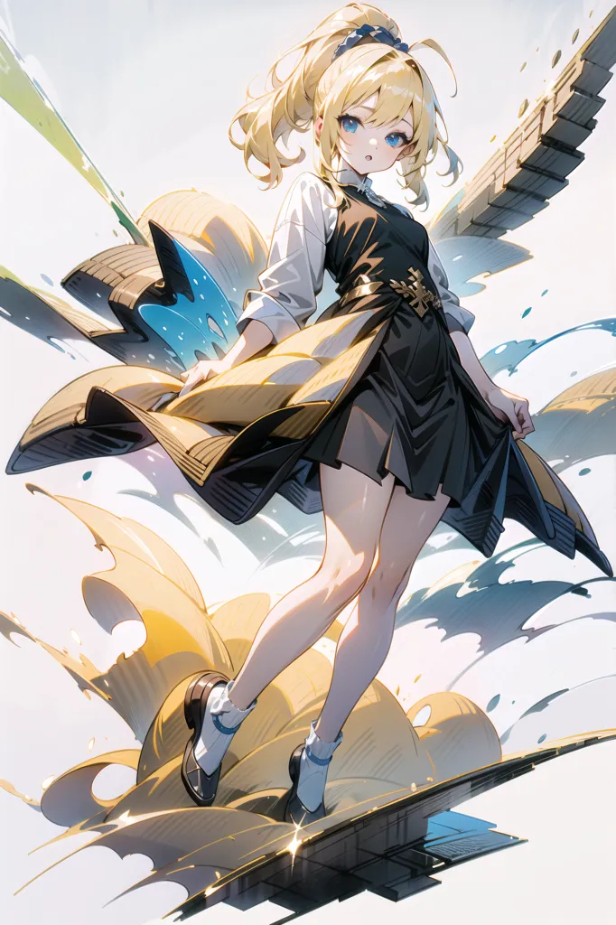 The image is an illustration of a young woman with blonde hair and blue eyes. She is wearing a white shirt, black skirt, and brown shoes. She has a yellow ribbon in her hair and is standing on a surfboard made of paper. The background is white with yellow and blue splashes. The image is drawn in an anime style.