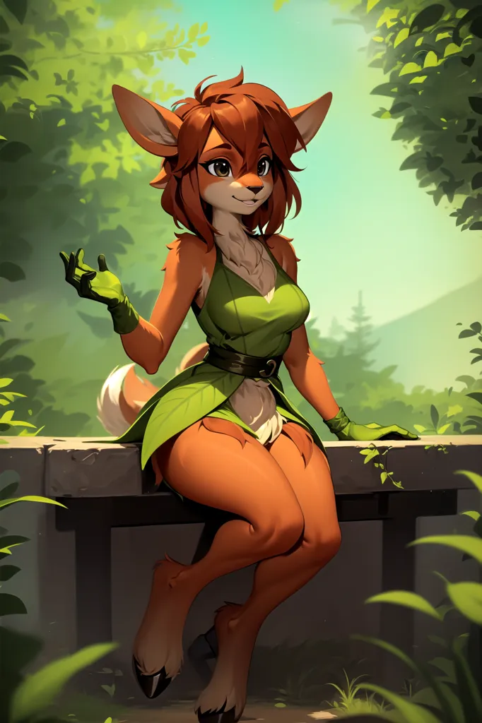 The image is of a cartoon deer girl with brown hair and green eyes. She is wearing a green dress with a brown belt and brown gloves. She is sitting on a stone railing in front of a lush green forest. She has a friendly expression on her face and is looking at the viewer.