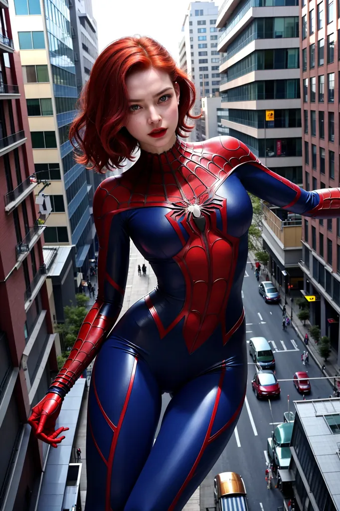 The image is of a woman dressed in a Spider-Man costume. She is standing on a rooftop, with a city skyline in the background. The woman has red hair, blue eyes, and a slim figure. She is wearing a red and blue Spider-Man suit, with a spider symbol on her chest. She is also wearing a mask, which covers her eyes and nose. The woman is standing in a heroic pose, with one hand on her hip and the other pointing forward. She looks confident and determined.