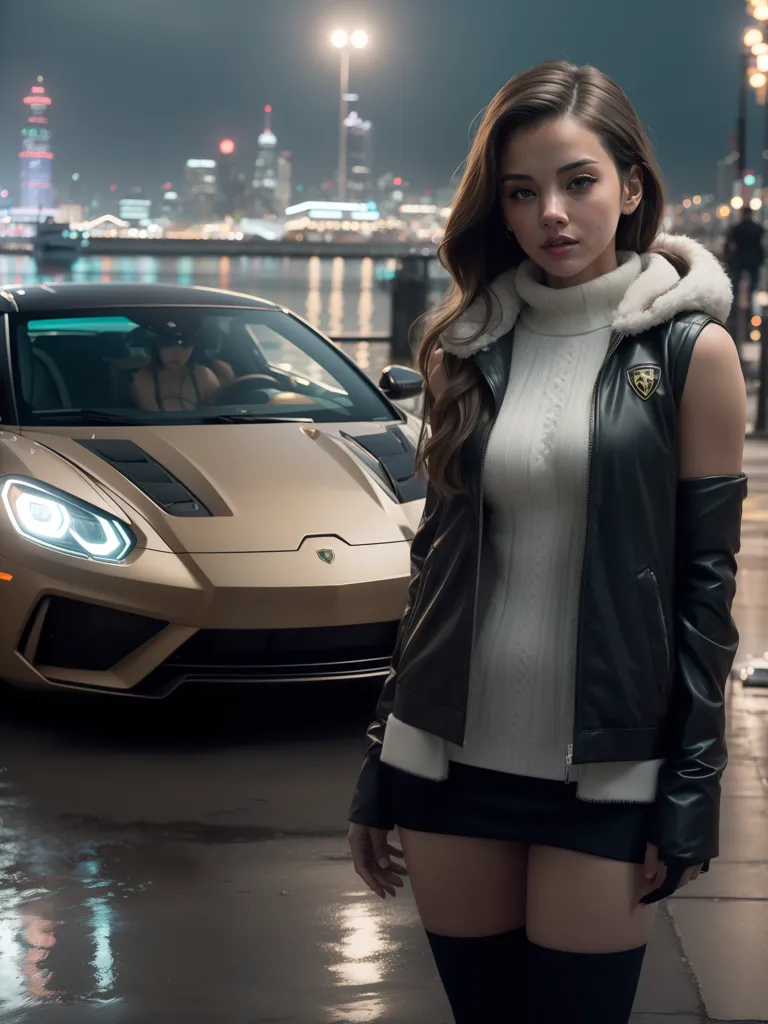 A young woman is standing in front of a bronze Lamborghini. She is wearing a white turtleneck sweater, a black leather jacket, and a black skirt. She has brown hair and brown eyes. The car is parked on a pier with a cityscape in the background. The city is lit up by the lights of the buildings and the streetlights. The woman is looking at the car with a thoughtful expression on her face.